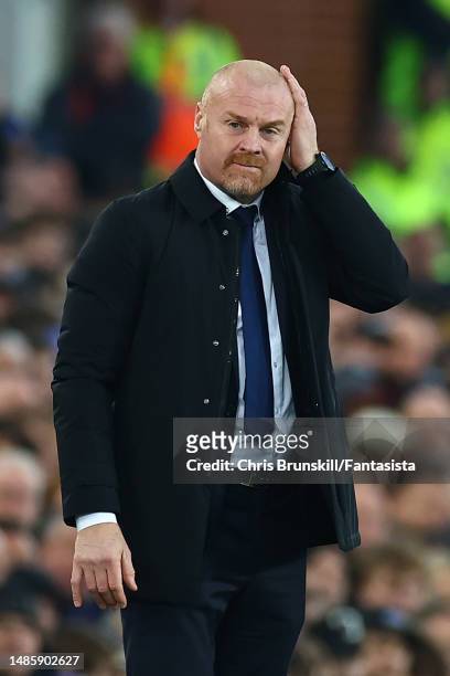 Everton manager Sean Dyche reacts during the Premier League match between Everton FC and Newcastle United at Goodison Park on April 27, 2023 in...