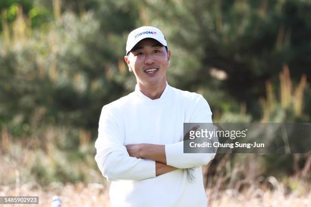 Sangmoon Bae of South Korea reacts on Day Two of the Korea Championship Presented by Genesis at Jack Nicklaus GC Korea on April 28, 2023 in South...