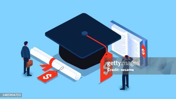 education fees, money for diploma, tuition, student loans, academic corruption or bribery, isometric money bookmark, certificate of completion with price tag, graduation cap with price tag - 665409969 or 665409803 stock illustrations