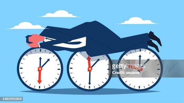 exhausted, tired, just want to sleep, waste time, negative attitude to work and life, businessman lying asleep on the clock at three different times - napping stock illustrations