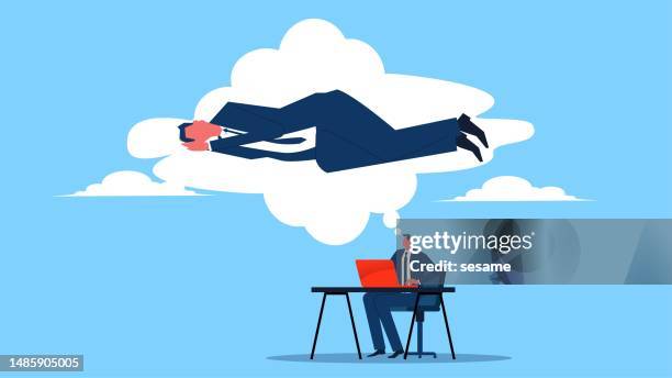 overwork, exhaustion, daydreaming, loss of motivation to work, compromise and abandonment of work and life, businessmen thinking about sleep when they are working - pressing snooze stock illustrations