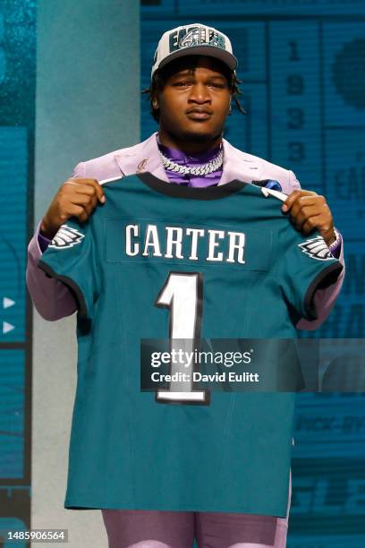 Jalen Carter poses after being selected ninth overall by the Philadelphia Eagles during the first round of the 2023 NFL Draft at Union Station on...