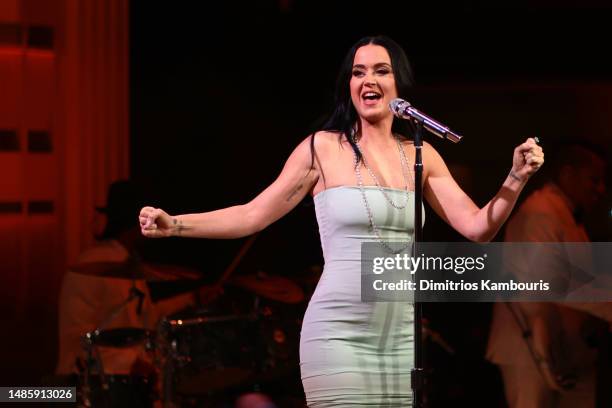 Katy Perry performs on stage as Tiffany & Co. Celebrates the reopening of NYC Flagship store, The Landmark on April 27, 2023 in New York City.