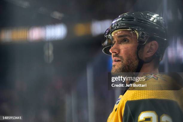 Alec Martinez of the Vegas Golden Knights warms up prior to Game Five of the First Round of the 2023 Stanley Cup Playoffs against the Winnipeg Jets...