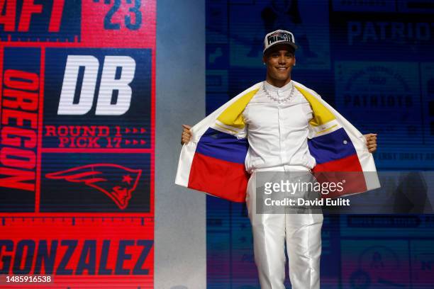 Christian Gonzalez poses after being selected 17th overall by the New England Patriots during the first round of the 2023 NFL Draft at Union Station...