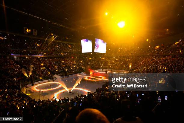General view of the ice prior to Game Five of the First Round of the 2023 Stanley Cup Playoffs between the Vegas Golden Knights and the Winnipeg Jets...