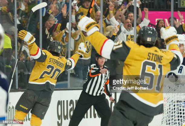 Chandler Stephenson of the Vegas Golden Knights celebrates with teammates after a goal during the first period against the Winnipeg Jets in Game Five...