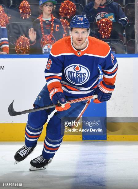 Zach Hyman of the Edmonton Oilers skates during warm up before Game Five of the First Round of the 2023 Stanley Cup Playoffs against the Los Angeles...