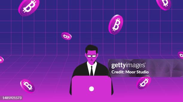 mann arbeitet am computer und bitcoins auf hintergrund-vektor-illustration - elektronische handel stock-grafiken, -clipart, -cartoons und -symbole