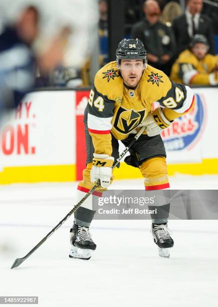 Brayden Pachal of the Vegas Golden Knights skates during the first period against the Winnipeg Jets in Game Five of the First Round of the 2023...