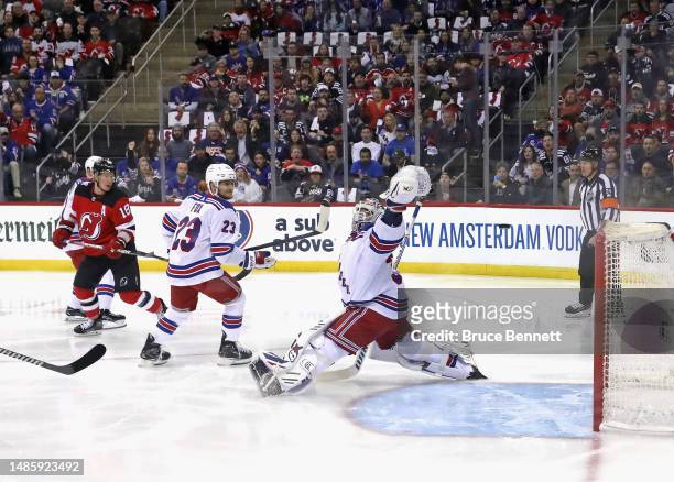 Ondrej Palat of the New Jersey Devils scores at 39 seconds of the first period against Igor Shesterkin of the New York Rangers in Game Five of the...