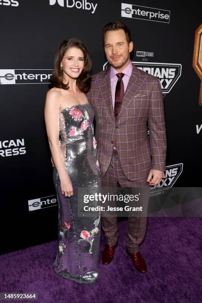 Katherine Schwarzenegger and Chris Pratt attend the Guardians of the Galaxy Vol. 3 World Premiere at the Dolby Theatre in Hollywood, California on...