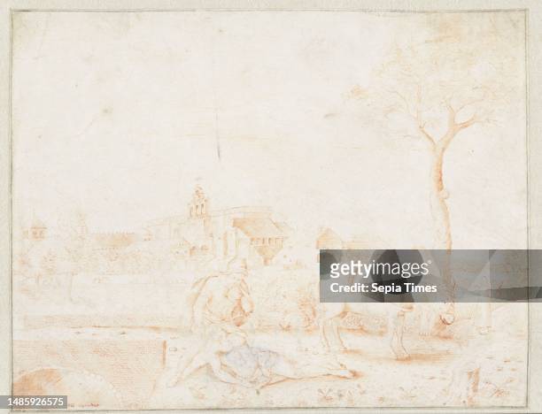 Landscape with a scene from the parable of the Good Samaritan. The Samaritan anointed the wounds of the traveler, The Good Samaritan, draughtsman:...
