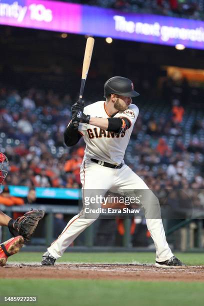 Austin Slater of the San Francisco Giants bats against the St. Louis Cardinals at Oracle Park on April 24, 2023 in San Francisco, California.
