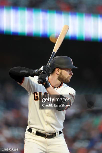 Austin Slater of the San Francisco Giants bats against the St. Louis Cardinals at Oracle Park on April 24, 2023 in San Francisco, California.