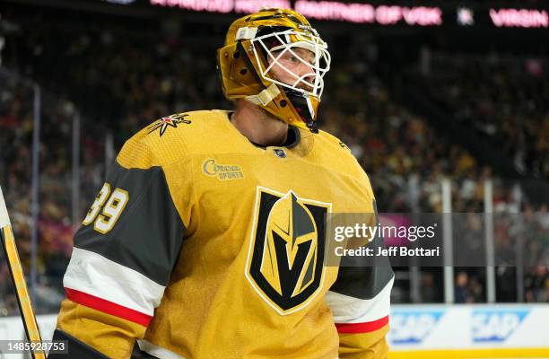 Laurent Brossoit of the Vegas Golden Knights looks on during the second period against the Winnipeg Jets in Game Five of the First Round of the 2023...