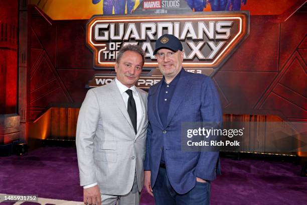 Marvel Studios Co-President Louis D'Esposito and Marvel Studios President Kevin Feige attend the Guardians of the Galaxy Vol. 3 World Premiere at the...