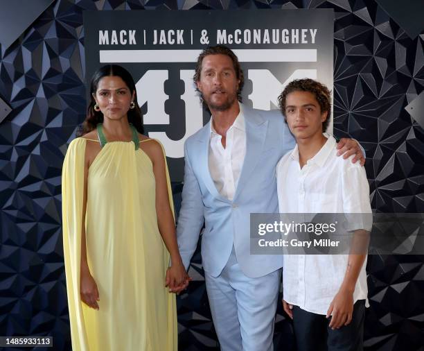 Camila Alves McConaughey, Matthew McConaughey and Levi Alves McConaughey attend the 2023 Mack, Jack & McConaughey Gala at ACL Live on April 27, 2023...