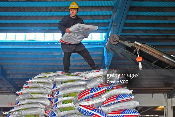 Worker loads bags of fertilizer onto a truck at a fertilizer factory on April 26, 2023 in Linyi, Shandong Province of China.