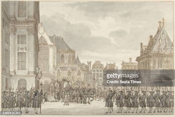 Arrival of Prince William V and Frederica Sophia Wilhelmina of Prussia at the City Hall on Dam Square in Amsterdam, 30 May 1768, Reinier Vinkeles...