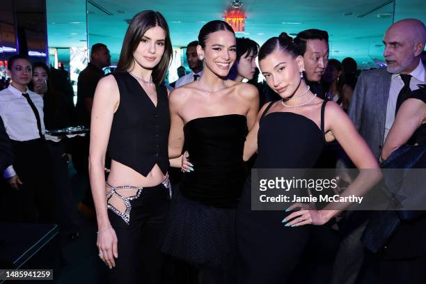 Camila Queiroz, Bruna Marquezine and Hailey Bieber attends as Tiffany & Co. Celebrates the reopening of NYC Flagship store, The Landmark on April 27,...