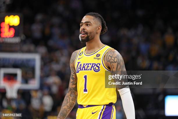 Angelo Russell of the Los Angeles Lakers looks on against the Memphis Grizzlies during Game Five of the Western Conference First Round Playoffs at...