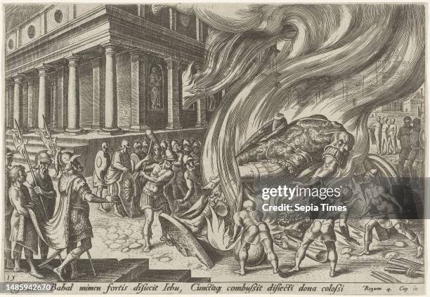 In the foreground the great idol of Baal is set on fire and destroyed with hammers. In the background the temple, which is also burning, Jehu...