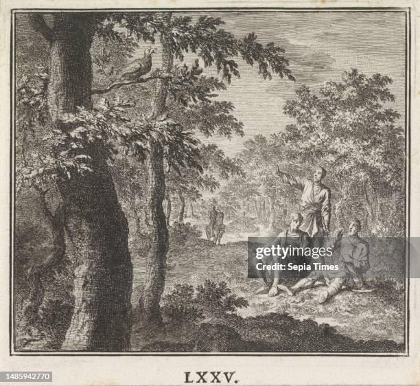 Forest landscape. In the foreground a nightingale sings in a tree. Three men listening to nightingale, Emblem: nightingale Three men listening to a...