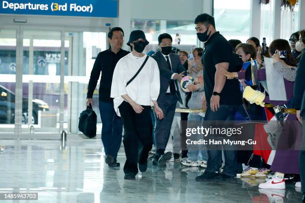 Jimin of boy band BTS aka Bangtan Boys is seen on departure at Incheon International Airport on April 25, 2023 in Incheon, South Korea.