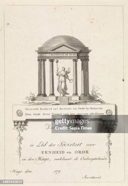 Membership card of the Society for Unity and Order at The Hague, with a female persofication of Liberty. She is standing in a classical temple and...