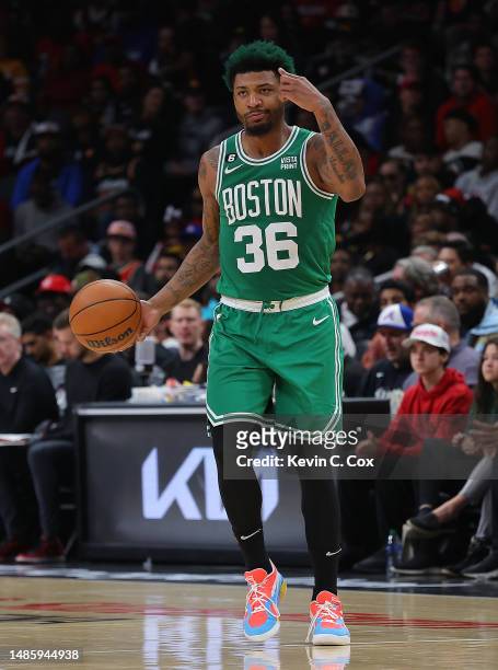 Marcus Smart of the Boston Celtics reacts against the Atlanta Hawks during the second quarter of Game Six of the Eastern Conference First Round...