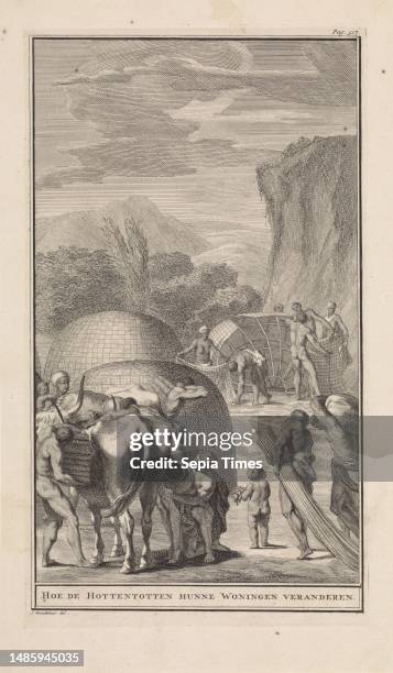 Men and women of the Khoikhoi move their kraal and rebuild the houses In the foreground a packed ox and men carrying branches and household goods,...