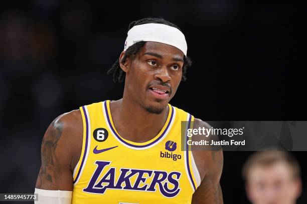 Jarred Vanderbilt of the Los Angeles Lakers looks on against the Memphis Grizzlies during Game Five of the Western Conference First Round Playoffs at...