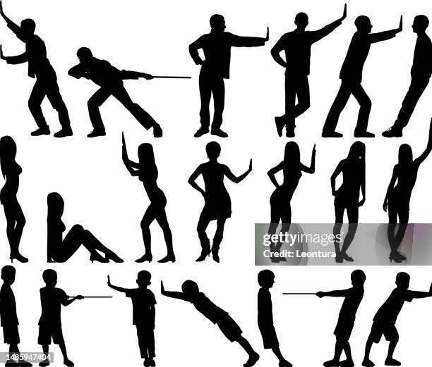 men, women and children pushing, pulling and leaning. - guy pulling drawing stock illustrations