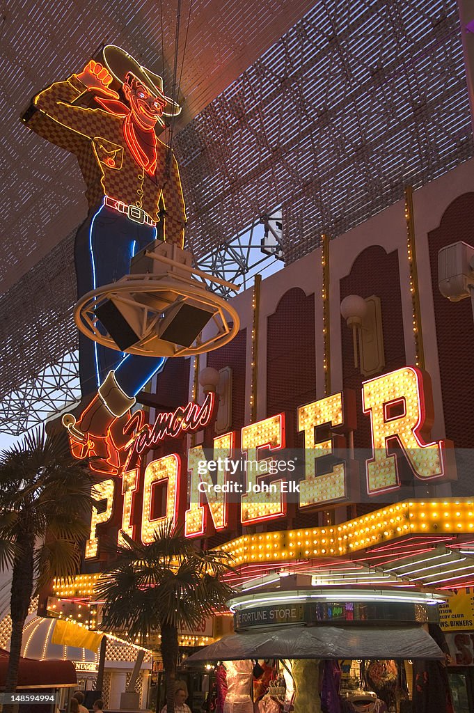 Pioneer casino cowboy neon sign on Fremont Street.