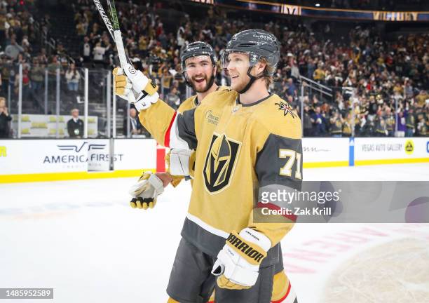 The Vegas Golden Knights celebrate after a 4-1 victory against the Winnipeg Jets in Game Five of the First Round of the 2023 Stanley Cup Playoffs at...