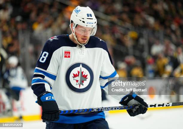 Nate Schmidt of the Winnipeg Jets skates during the third period against the Vegas Golden Knights in Game Five of the First Round of the 2023 Stanley...