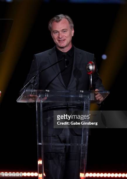 Christopher Nolan accepts the National Association of Theatre Owners Spirit of the Industry Award during the CinemaCon Big Screen Achievement Awards...