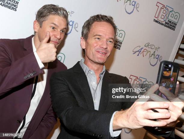 David Burtka and Neil Patrick Harrs pose for a selfie at the opening night of Theater Breaking through Barriers production of "God of Carnage" at...