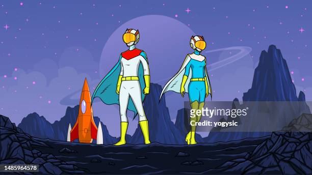 vector anime space superhero couple on a planet stock illustration - kawaii universe stock illustrations