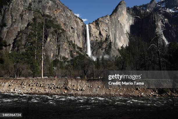 Water flows forcefully down Bridalveil Fall in Yosemite Valley, with the rising Merced River below, as warming temperatures have increased snowpack...