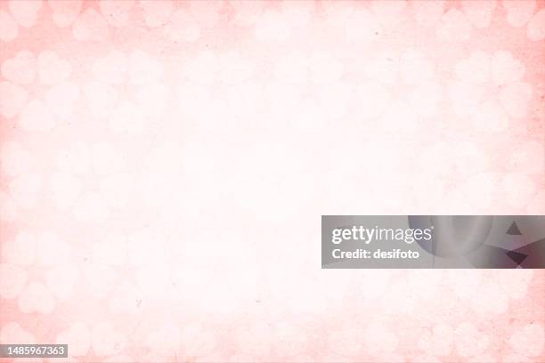 light baby pink coloured faded textured with vignette effect glowing  backgrounds with a pattern of five hearts making little flowers like clover allover - watermark stock illustrations