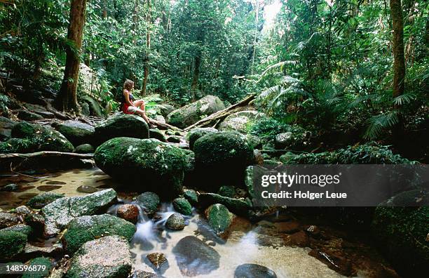 hiker relaxing at mossman gorge, daintree national park. - far north queensland bildbanksfoton och bilder