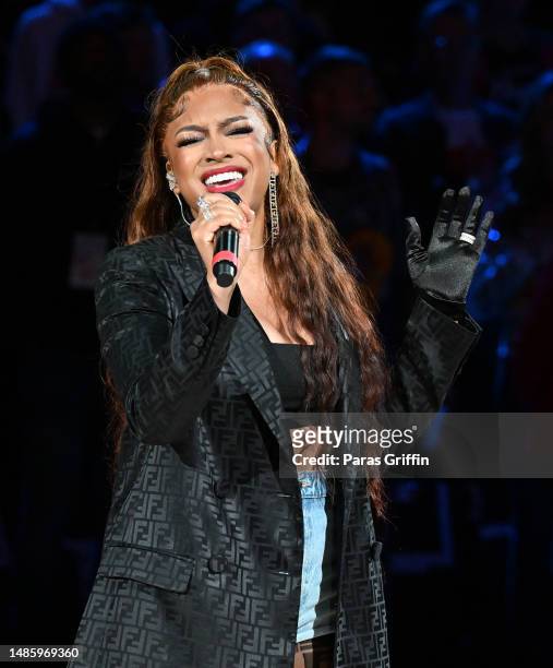Actress/singer Drew Sidora performs during Game Six of the Eastern Conference First Round Playoffs between the Atlanta Hawks and the Boston Celtics...