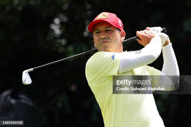 Sergio Garcia of Fireballs GC in action during day one of the LIV Golf Invitational - Singapore at Sentosa Golf Club on April 28, 2023 in Singapore.
