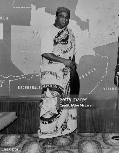 Zambian diplomat Ali Simbule, Zambian High Commissioner in London, in traditional dress while holding a fly-whisk, at the Zambian High Commission in...