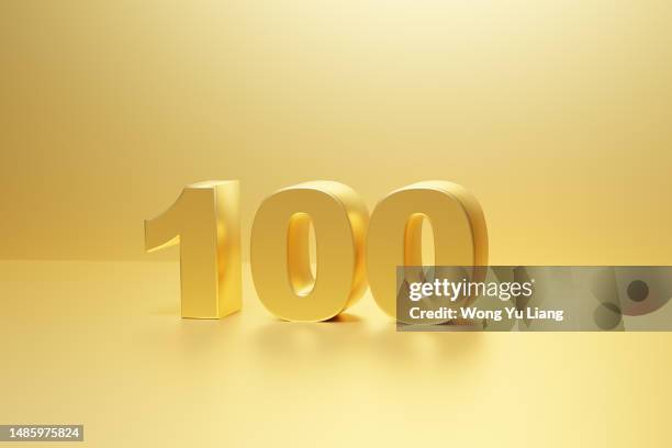 number 100 text in gold with copy space , 3d render - metallic letters stock pictures, royalty-free photos & images