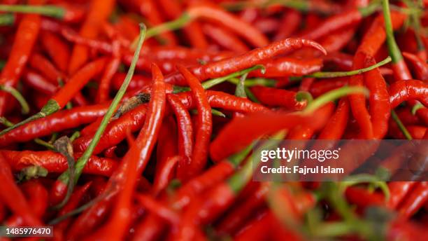 full frame shot of red chili peppers for sale at market stall - chilli pepper stock pictures, royalty-free photos & images