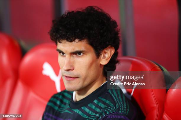Jesus Vallejo of Real Madrid looks on prior to the LaLiga Santander match between Girona FC and Real Madrid CF at Montilivi Stadium on April 25, 2023...