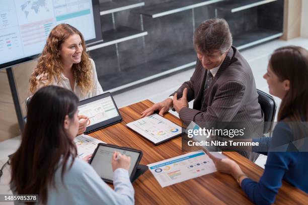 swot analysis of purchasing power and implications for marketing and sales strategies to increasing the profitability of a business. product market development team on a business strategy meeting to share ideas and select market targets. - marktforschung stock-fotos und bilder